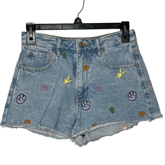 Playboy by PacSun Pants - Playboy by PacSun Light Wash Embroidered Denim Shorts 26 High Rise Frayed Hem